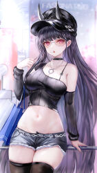 Rule 34 | 1girl, absurdres, against railing, age fx, arm support, azur lane, bag, bikini, black bikini, black bra, black choker, black hair, black shirt, bra, breasts, carrying bag, choker, cleavage, commentary request, crop top, demon horns, detached sleeves, elbow carry, hand up, highres, hip focus, horns, horns through headwear, jewelry, leaning back, long hair, medium breasts, midriff, navel, necklace, noshiro (azur lane), noshiro (dressed-up date) (azur lane), off-shoulder shirt, off shoulder, oni, pale skin, pink eyes, railing, shirt, shopping bag, single bare shoulder, skindentation, solo, standing, stomach, striped clothes, striped shirt, sunglasses, swimsuit, thigh gap, thighhighs, thighs, underwear, vertical-striped clothes, vertical-striped shirt, very long hair