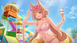 Rule 34 | 1girl, absurdres, animal ears, artist name, bikini, blue sky, braid, breasts, brown eyes, brown hair, cleavage, cloud, collarbone, eyewear on head, flower, food, fox ears, fox girl, fruit, hair flower, hair ornament, highres, holding, indie virtual youtuber, innertube, konyanart, kyukina (vtuber), linea alba, long hair, mole, mole under eye, navel, one eye closed, open mouth, palm tree, parfait, pink bikini, pink flower, second-party source, sky, smile, solo, strawberry, sunglasses, swim ring, swimsuit, tree, virtual youtuber