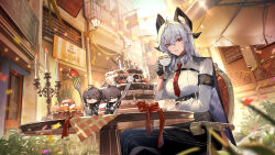 1boy 2girls armband black_armband black_gloves black_horns black_jacket black_pants breasts cake candlestand chest_harness chinese_commentary chinese_text collared_shirt commentary_request cup curled_horns dual_persona female_rover_(wuthering_waves) food fork fruit gloves hair_between_eyes harness high-waist_pants highres holding holding_cup holding_fork holding_knife horns jacket jacket_on_shoulders knife kuuus large_breasts logo looking_at_viewer male_rover_(wuthering_waves) mini_person multiple_girls necktie official_art pants parted_lips red_eyes red_necktie rover_(wuthering_waves) shirt shirt_tucked_in sitting smile strawberry teacup translation_request white_shirt wuthering_waves zani_(wuthering_waves)