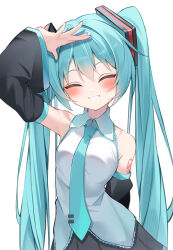 1girl :d absurdres aqua_hair aqua_nails aqua_necktie aqua_trim arm_behind_back bare_shoulders black_skirt black_sleeves blush breasts closed_eyes collared_shirt commentary detached_sleeves facing_viewer grin hair_ornament hair_tie hand_on_own_head hatsune_miku highres long_hair necktie number_tattoo open_mouth pleated_skirt ryaru_ryaru shirt simple_background skirt small_breasts smile solo tattoo twintails very_long_hair vocaloid white_background white_shirt