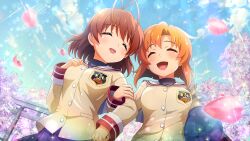 Rule 34 | 2girls, antenna hair, artist request, breasts, brown hair, brown jacket, cherry blossoms, clannad, closed eyes, crossover, furukawa nagisa, game cg, highres, higurashi no naku koro ni, higurashi no naku koro ni mei, hikarizaka private high school uniform, jacket, locked arms, long sleeves, medium hair, multiple girls, nakahara mai, non-web source, official art, open mouth, orange hair, pink petals, ryuuguu rena, school uniform, smile, sparkle, torii, voice actor connection