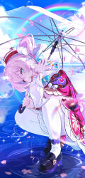 1girl absurdres aqua_eyes aqua_hair binghaiankang black_shoes blue_sky closed_mouth cloud cloudy_sky dress gradient_hair highres honkai:_star_rail honkai_(series) hyacine_(honkai:_star_rail) loafers long_sleeves looking_at_viewer medium_hair multicolored_hair pantyhose pink_hair rainbow shoes short_hair short_twintails sky solo transparent transparent_umbrella twintails umbrella white_pantyhose