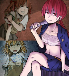 Rule 34 | 3girls, aiming, aiming at viewer, armband, bandages, bare arms, belt, bent over, blazer, blood, blood on arm, blood on clothes, blue jacket, blue skirt, bow, breasts, brown eyes, brown hair, brown sweater, brown sweater vest, brown vest, clenched teeth, coin, collarbone, collared shirt, commentary request, corkscrew, cowboy shot, electricity, electrokinesis, emblem, feet out of frame, flashlight, flower, green armband, grey skirt, hair between eyes, hair bow, hair flower, hair ornament, hand on own arm, hand up, holding, holding coin, holding flashlight, injury, jacket, jacket on shoulders, judgement armband (toaru), kirigaoka girls&#039; academy school uniform, long hair, looking at viewer, low twintails, lower teeth only, medium breasts, medium hair, miniskirt, misaka mikoto, multiple girls, musujime awaki, navel, negiko123123, on suitcase, open clothes, open jacket, orange belt, outstretched arm, partial commentary, pleated skirt, railgun (misaka mikoto), red bow, red eyes, red hair, sarashi, scene reference, school uniform, shirai kuroko, shirt, short sleeves, sitting, skirt, sleeveless, sleeveless sweater, smile, stomach, suitcase, summer uniform, sweatdrop, sweater, sweater vest, teeth, toaru majutsu no index, toaru majutsu no index: old testament, tokiwadai school uniform, twintails, upper body, v-neck, v-shaped eyebrows, vest, white flower, white shirt, winter uniform