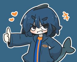 +++ 1girl blue_background blue_eyes blue_hair blue_jacket blue_jumpsuit blush chibi commentary_request fallout fins fish_tail fuka-chan grin heart highres jacket jumpsuit long_sleeves looking_at_viewer open_clothes open_jacket original outline shark_tail sharp_teeth short_eyebrows sleeves_past_wrists smile solo tail teeth thick_eyebrows thumbs_up uni_souchou upper_body v-shaped_eyebrows vault_suit white_outline wide_sleeves