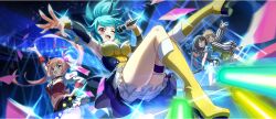 4girls :d ;d aqua_hair arm_up armpits back-to-back black_hair black_hairband black_skirt black_sleeves blonde_hair blue_dress blue_gloves boots breasts cielo_(konosuba) confetti cropped_shirt detached_sleeves dress dress_shirt erika_(konosuba) fang floating fold-over_boots frilled_thigh_strap from_below game_cg gloves glowstick green_eyes green_shorts hair_ribbon hairband hand_on_own_hip high_heel_boots high_heels highres holding holding_microphone idol idol_clothes jacket knee_boots kono_subarashii_sekai_ni_shukufuku_wo! konosuba!_fantastic_days large_breasts layered_skirt leg_up lia_(konosuba) light_blush long_hair looking_ahead medium_breasts mel_(konosuba) microphone midriff miniskirt multiple_girls music navel neck_ribbon night off-shoulder_dress off_shoulder official_alternate_costume official_art one_eye_closed open_mouth outstretched_arm pink_eyes pink_hair pink_ribbon pink_shirt pinky_out pointy_ears ponytail puffy_shorts ribbon shirt short_hair shorts shrug_(clothing) sidelocks singing skirt sleeveless sleeveless_jacket small_breasts smile solo_focus spiked_hair spirit stage standing standing_on_one_leg striped_clothes suspender_shorts suspenders thigh_strap thighs twintails vertical-striped_clothes very_long_hair white_shrug yellow_boots yellow_jacket