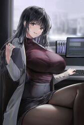 1girl absurdres black_hair black_pantyhose black_skirt blush breasts coat commentary_request crossed_legs grey_eyes highres holding holding_tablet_pc computer_keyboard korean_commentary lab_coat large_breasts lillly long_hair long_sleeves looking_at_viewer open_clothes open_coat original pantyhose parted_lips purple_sweater sitting skirt smile solo sweater sweater_tucked_in tablet_pc thighs turtleneck turtleneck_sweater white_coat