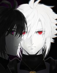 2boys absurdres alternate_universe antenna_hair black_background black_hair black_sclera black_sweater bright_pupils brothers chara_(undertale) chinese_commentary chromatic_aberration closed_mouth colored_sclera colored_skin commentary_request curtained_hair facial_hair film_grain flipped_hair frisk_(undertale) gold_necklace hair_between_eyes hanbaobaobaozhu heart heart_necklace highres jewelry light_frown male_focus multiple_boys necklace portrait profile red_eyes scar scar_across_eye scar_on_face serious short_hair siblings slit_pupils straight-on sweater turtleneck turtleneck_sweater undertale v-shaped_eyebrows white_hair white_pupils white_skin xtale
