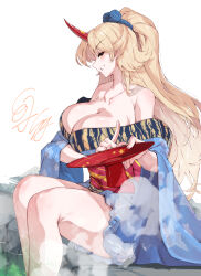 1girl absurdres blonde_hair blue_kimono blush breasts cleavage commentary cone_horns cup highres holding holding_cup horns hoshiguma_yuugi hoshiguma_yuugi_(kimono) huge_breasts japanese_clothes kimono kimono_pull long_hair looking_at_viewer onsen ponytail profile sakazuki signature sitting smile soaking_feet solo sunnysideup touhou very_long_hair