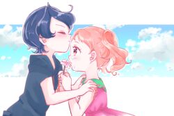 Rule 34 | 1boy, 1girl, aihira (aihira12), bare arms, bare shoulders, blue hair, blue jacket, blue sky, blush, brown eyes, brown hair, closed eyes, cloud, collared dress, cowboy shot, crying, crying with eyes open, day, dress, eyelashes, floral print, flower, from side, hands on another&#039;s shoulders, hetero, holding, holding flower, hood, hood down, hooded jacket, jacket, julio (precure), kirakira precure a la mode, kiss, kissing forehead, lace, lace-trimmed dress, lace trim, light blush, outdoors, outline, parted lips, pink dress, pink flower, pointy nose, precure, short hair, short sleeves, sky, sleeveless, sleeveless dress, tareme, teardrop, tears, twintails, usami ichika, wavy hair, white background, white outline