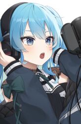 Rule 34 | 1girl, absurdres, black choker, black dress, blue eyes, blue hair, blue jacket, bow, choker, collared dress, commentary request, cross-laced clothes, cross-laced sleeves, dress, green bow, green ribbon, hair between eyes, headphones, highres, hololive, hoshimachi suisei, hoshimachi suisei (casual), jacket, k0xxn, lace, lace choker, long hair, long sleeves, microphone, music, official alternate costume, official alternate hairstyle, open mouth, pop filter, quilted jacket, ribbon, simple background, singing, solo, sony, star (symbol), star in eye, studio microphone, symbol in eye, teeth, upper body, upper teeth only, virtual youtuber, white background