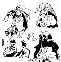1girl 770mk animal bags_under_eyes barefoot bug carrying carrying_under_arm centipede clenched_teeth commentary_request cropped_torso face_in_shadow greyscale half-closed_eyes headscarf japanese_clothes kimono leech long_hair long_sleeves looking_at_viewer mat monochrome multiple_views off_shoulder original oversized_animal parted_lips sash scowl simple_background smile standing teeth tiptoes toad_(animal) uneven_eyes waist_sash