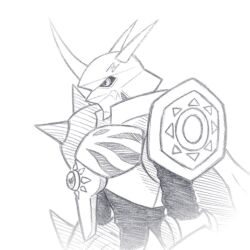 Rule 34 | cape, crests (digimon), digimon, digimon (creature), highres, horns, monochrome, omegamon, solo