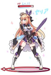 1girl :d ac130 ahoge armor arrow_(symbol) black_bow black_gloves black_thighhighs blonde_hair blue_dress blue_eyes blush boots bow braid breasts cleavage cleavage_cutout clothing_cutout crown dress elbow_gloves frills full_body gameplay_mechanics gauntlets gloves hair_bow hair_ribbon health_bar highres holding holding_sword holding_weapon knee_boots lace-up_boots large_breasts long_hair looking_to_the_side medium_breasts mini_crown open_mouth pauldrons puffy_short_sleeves puffy_sleeves ribbon seria_(vrchat) shoes short_sleeves shoulder_armor simple_background skirt smile solo sparkle standing sword thighhighs thighhighs_under_boots two-handed v-shaped_eyebrows very_long_hair vrchat weapon white_background white_shoes