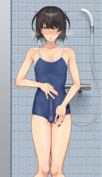 Rule 34 | 1boy, absurdres, black hair, bulge, covered penis, crossdressing, crossdressing (mtf), earrings, erection, erection under clothes, hair between eyes, hair ornament, hairclip, highres, jewelry, karasu (jjwh2832), looking at viewer, male focus, mashiro meme, nijisanji, red nails, short hair, shower head, solo, trap, virtual youtuber, yellow eyes