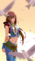 1girl black_hair breasts brown_eyes cosplay denim female_focus final_fantasy final_fantasy_ix garnet_til_alexandros_xvii gloves holixholi long_hair looking_at_viewer low-tied_long_hair medium_breasts midriff navel short_hair shorts smile solo zidane_tribal zidane_tribal_(cosplay)