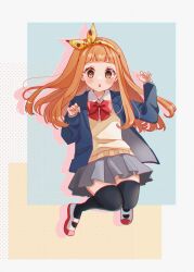 1girl black_thighhighs blazer blue_jacket blush bow brown_eyes brown_hair collared_shirt commentary_request dress_shirt full_body grey_skirt hand_up highres ichihara_nina idolmaster idolmaster_cinderella_girls idolmaster_cinderella_girls_starlight_stage jacket long_hair looking_at_viewer open_clothes open_jacket parted_lips pleated_skirt red_bow rino_cnc school_uniform shirt shoes skirt solo sweater_vest thighhighs white_shirt white_shoes