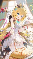 Rule 34 | 2girls, absurdres, ahoge, aqua eyes, blonde hair, chef, chef hat, coria, dress, escoffier (genshin impact), food, genshin impact, hat, heart, heart in eye, highres, holding, indoors, long hair, looking at viewer, multiple girls, open mouth, paimon (genshin impact), smile, standing, symbol in eye, tail, thighhighs, tray, white dress, white hat, white thighhighs, white wrist cuffs, wrist cuffs