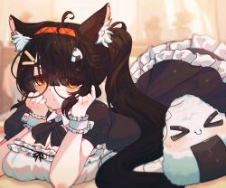 Rule 34 | 1girl, akobon art, animal ear fluff, animal ears, black hair, breasts, breasts out, earclip, food, frills, glasses, hairband, indie virtual youtuber, maid, minstrelmuse, onigiri, sleeve cuffs, tail, virtual youtuber, wolf ears, wolf girl, wolf tail, yellow eyes