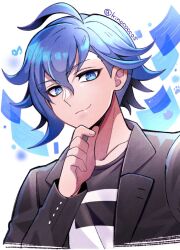 Rule 34 | 1boy, ahoge, aoyama kazuki, black jacket, blue eyes, blue hair, cropped shoulders, eighth note, hair between eyes, hand on own chin, highres, holographic interface, jacket, kinococcos, looking at viewer, male focus, musical note, short hair, smirk, solo, tribe nine, twitter username, two-tone shirt, white background