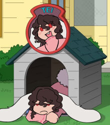 1girl animal_ears brown_hair character_name closed_mouth commentary day doghouse dress english_commentary grass inaba_tewi large_ears long_sleeves lop_rabbit_ears lying mayberai medium_hair on_floor on_stomach open_mouth outdoors pink_dress rabbit_ears rabbit_girl rabbit_tail solo tail teeth touhou upper_teeth_only