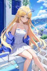 1girl absurdres alternate_costume armpit_crease bare_shoulders blonde_hair blue_jacket blue_sky breasts cartethyia_(wuthering_waves) clothes_down collarbone commentary_request crown_of_thorns day dress earrings feet_out_of_frame highres jacket jewelry long_hair medium_breasts open_mouth partial_commentary pointy_ears sidelocks sitting sky solo suitcase tacet_mark_(wuthering_waves) very_long_hair white_dress wuthering_waves yuridango