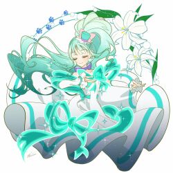 Rule 34 | aqua hair, aqua ribbon, bow, choker, cure lillian, dress, earrings, flower, frills, hat, highres, jewelry, lily (flower), long hair, magical girl, mini hat, mini top hat, nekoyashiki mayu, paw print, precure, ribbon, side ponytail, signature, simple background, smile, top hat, very long hair, wakuno lemon, white background, white dress, wonderful precure!