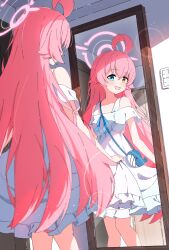 1girl absurdres ahoge blue_archive blue_eyes commentary dress halo heterochromia highres hoshino_(blue_archive) long_hair mirror moru_(moru20000) official_alternate_costume pink_hair pink_halo reflection smile very_long_hair white_dress yellow_eyes