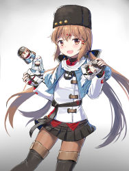 Rule 34 | 1girl, :d, anchor, bad id, bad pixiv id, black boots, black gloves, black hat, black ribbon, black skirt, blue capelet, blush, boots, brown eyes, brown hair, brown thighhighs, capelet, character doll, cnm, cowboy shot, doll, female focus, fingernails, ganguro, gangut (kancolle), gloves, gradient background, gyaru, hair ornament, hair ribbon, hairclip, hat, hibiki (kancolle), highres, holding, kantai collection, long hair, long sleeves, looking at viewer, low twintails, matryoshka doll, miniskirt, open mouth, pantyhose, pleated skirt, ribbon, scarf, shirt, skirt, smile, solo, standing, star (symbol), star hair ornament, tashkent (kancolle), thigh boots, thigh strap, thighhighs, torn clothes, torn scarf, twintails, very long hair, white background, white scarf, white shirt, yellow eyes