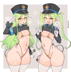 2girls absurdres aged_up armband bikini blue_archive blue_armband border breasts commentary demon_tail double_v fang gloves gold_bikini green_hair grey_background hat heart highres hikari_(blue_archive) kuromaruart long_hair looking_at_viewer micro_bikini multiple_girls navel no_halo nozomi_(blue_archive) open_mouth peaked_cap pointy_ears siblings sisters skin_fang small_breasts stomach swimsuit tail thick_thighs thighhighs thighs twins twintails twitter_username v white_border white_gloves white_thighhighs yellow_eyes