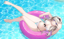 1girl absurdres alternate_costume arm_up bare_arms bare_legs bare_shoulders bikini black_hairband breasts candy_shunya cleavage closed_mouth firefly_(honkai:_star_rail) full_body grey_hair hair_between_eyes hairband highres honkai:_star_rail honkai_(series) large_breasts long_hair navel nude pink_eyes smile solo stomach swim_ring swimsuit toes water white_bikini