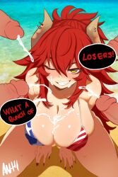 1girl 4boys absurdres american_flag american_flag_bikini american_flag_print antmongo beach bikini blush breasts collarbone covered_erect_nipples cum cum_on_body cum_on_breasts cum_on_upper_body dot_nose dragon_girl dragon_horns ejaculation english_text eyelashes facial fingernails flag_print flag_print_bikini from_above grin hands_between_legs hetero highres horn_piercing horns huge_breasts leaning_forward long_hair looking_at_viewer looking_up multiple_boys nail_polish naughty_face outdoors penis piercing ponytail print_bikini purple_nails red_hair sand sharp_fingernails sitting smile smug solo_focus speech_bubble surrounded surrounded_by_penises swimsuit teeth uncensored virtual_youtuber vshojo wariza water yellow_eyes zentreya zentreya_(cowboy_bikini) zentreya_(dragon)