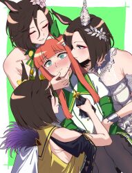 4girls @_@ air_groove_(umamusume) animal_ears ascot black_ascot black_pantyhose blunt_bangs blush brown_hair ear_covers green_eyes highres horse_ears horse_girl multiple_girls orange_hair pantyhose purple_eyes shy silence_suzuka_(umamusume) sugamo_(rainysnowy108) umamusume yuri