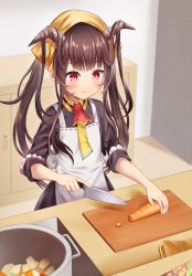 1girl apron black_hair black_shirt black_skirt blue_archive carrot closed_mouth cooking cutting_board fuuka_(blue_archive) headscarf holding holding_knife horns indoors knife long_hair mashiro_aa pot red_eyes ribbon-trimmed_apron ribbon_trim shirt short_sleeves skirt smile solo twintails very_long_hair white_apron yellow_headscarf