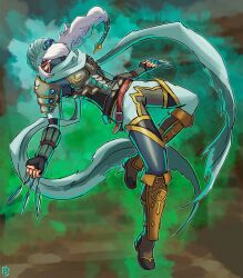 alternate_costume alternate_eye_color alternate_hair_color alternate_weapon angry armor aura belt blue_gemstone corruption crescent crossover dark_persona double_helix facial_tattoo fierce_deity fingerless_gloves gem glaring gloves hal_laboratory highres holding holding_knife holding_weapon knife long_hair looking_at_viewer mask mouth_mask ninja ninja_mask nintendo no_pupils pauldrons ponytail possessed possession scarf sheik shoulder_armor stoic_seraphim super_smash_bros. tattoo the_legend_of_zelda the_legend_of_zelda:_majora&#039;s_mask the_legend_of_zelda:_ocarina_of_time triangle weapon white_eyes white_hair white_headwear wrist_guards