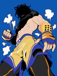 Rule 34 | 1boy, absurdres, arm tattoo, blue background, chest tattoo, dog tags, fighting stance, fingerless gloves, gloves, highres, luke sullivan, male focus, mma gloves, multiple tattoos, muscular, navel, sach56000, shade, shorts, shoulder tattoo, solo, star (symbol), street fighter, street fighter v, tattoo, teeth, topless male