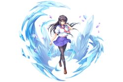 1girl arm_up black_hair black_pantyhose breasts full_body game_cg ice ice_crystal kamihime_project large_breasts long_hair looking_at_viewer official_art pantyhose purple_eyes purple_skirt school_uniform see-through_clothes serafuku shirt skirt solo tsuyokiss white_shirt yashi_nagomi