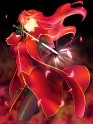 Rule 34 | cherry blossoms, gloves, grin, leather, leather pants, long hair, orange eyes, original, pants, pixiv fantasia, pixiv fantasia 5, rapier, red hair, smile, solo, sword, weapon, yagisaka seto
