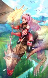1girl boots breasts cleavage detached_sleeves dragon fire_emblem fire_emblem:_three_houses glint highres hilda_valentine_goneril hilda_valentine_goneril_(timeskip) holding holding_weapon kojijima long_hair medium_breasts mountain nintendo open_mouth pink_hair puff_and_slash_sleeves puffy_sleeves riding_dragon river solo thigh_boots very_long_hair weapon wyvern