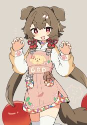 1girl absurdres animal_ears brown_hair cherry_hair_ornament cowboy_shot dog dog_ears dog_girl dog_tail dress food-themed_hair_ornament fumiko_(rubra_plumeria) hair_ornament hands_up highres long_sleeves looking_at_viewer open_mouth original paw_print pink_dress red_eyes short_dress smile solo standing tail thighhighs