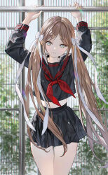 1girl arms_up black_sailor_collar black_serafuku black_shirt black_skirt blurry blurry_background bow branch breast_pocket brown_hair cowboy_shot day fence floating_hair green_eyes hair_bow highres iron_fence legs_together lens_flare long_hair long_sleeves looking_at_viewer midriff neckerchief original oto1_030 outdoors parted_bangs parted_lips pleated_skirt pocket red_neckerchief sailor_collar school_uniform serafuku shirt skirt solo standing teeth thigh_gap twintails twitter_username very_long_hair white_bow
