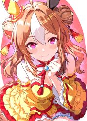 Rule 34 | 1girl, :d, ahoge, animal ears, bare shoulders, breasts, brooch, brown hair, cleavage, cleavage cutout, closed mouth, clothing cutout, commentary request, copano rickey (umamusume), cowboy shot, detached collar, detached sleeves, double bun, dress, frilled sleeves, frills, gloves, hair bun, hand up, highres, horse ears, horse girl, horse tail, jewelry, kanon (user rrhr4244), long hair, long sleeves, looking at viewer, medium breasts, multicolored hair, open mouth, pink eyes, short dress, simple background, smile, solo, strapless, strapless dress, tail, two-tone hair, umamusume, very long hair, white background, white hair, wide sleeves, yellow dress, yellow sleeves