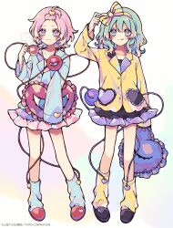 Rule 34 | 2girls, :3, :q, adapted costume, arm up, bangs pinned back, black footwear, black skirt, blue leg warmers, blue shirt, bow, collarbone, commentary request, cup, frilled pillow, frilled skirt, frilled sleeves, frills, green eyes, green hair, hair bow, hair ornament, hairband, heart, heart-shaped pillow, heart-shaped pupils, heart hair ornament, highres, holding, holding cup, holding pillow, komeiji koishi, komeiji satori, kyouda suzuka, leg warmers, long sleeves, looking at viewer, medium hair, mug, multiple girls, pillow, pink eyes, pink hair, red footwear, shirt, short hair, siblings, sisters, skirt, sleeves past wrists, slippers, smile, striped bow, symbol-shaped pupils, third eye, tongue, tongue out, touhou, white background, yellow bow, yellow hairband, yellow leg warmers, yellow shirt
