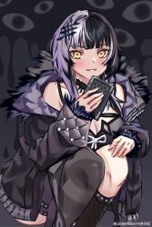 Rule 34 | 1girl, absurdres, black choker, black coat, black dress, black hair, black thighhighs, breasts, choker, cleavage, coat, dress, fur-trimmed coat, fur trim, grey hair, highres, hololive, hololive english, large breasts, long hair, looking at viewer, multicolored hair, ribbon, seraphim throne, shiori novella, shiori novella (1st costume), single thighhigh, solo, split-color hair, squatting, striped clothes, striped thighhighs, thighhighs, two-tone hair, virtual youtuber, white ribbon, yellow eyes