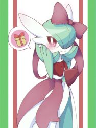 blush bob_cut bow box capelet colored_skin dress gardevoir gen_3_pokemon gift gift_box green_hair green_skin hair_over_one_eye multicolored_skin narumiya_pkmn nintendo pink_eyes pokemon pokemon_(creature) red_bow red_capelet signature smile two-tone_skin white_dress white_skin