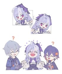Rule 34 | 1boy, 2girls, ?, ^ ^, belle (zenless zone zero), black jacket, black shirt, blue hair, blue jacket, blush, breasts, brother and sister, closed eyes, grey hair, highres, holding hands, hood, hooded jacket, jacket, medium breasts, multiple girls, open mouth, purple hair, ranta000, shipping (fandom), shirt, siblings, simple background, smile, vivian (zenless zone zero), white background, wise (zenless zone zero), zenless zone zero