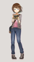 1girl animification blue_eyes bob_cut brown_hair camera cardigan denim female_focus highres jeans life_is_strange_(series) life_is_strange_1 max_caulfield open_cardigan open_clothes pants purea short_hair simple_background solo