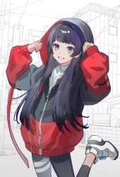 1girl absurdres black_hair black_jacket black_leggings blush building clothes_grab commentary_request cowboy_shot grin hair_over_shoulder highres hood hood_grab hood_up hooded_jacket jacket kitou_saji leggings long_hair long_sleeves looking_at_viewer monochrome_background multicolored_jacket nijisanji outdoors partially_colored partially_unzipped power_lines puffy_long_sleeves puffy_sleeves purple_eyes red_jacket shirt shoes smile sneakers solo standing standing_on_one_leg town tsukino_mito tsukino_mito_(19th_costume) turtleneck turtleneck_shirt two-tone_jacket urban utility_pole virtual_youtuber white_background white_shirt white_shoes