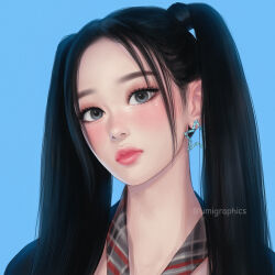 1girl black_hair blue_background blue_eyes earrings highres jewelry k-pop lips long_hair looking_at_viewer loose_necktie minji_(newjeans) necktie newjeans portrait real_life solo star_(symbol) star_earrings twintails umigraphics