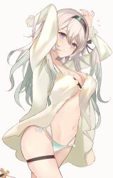 1girl absurdres alternate_costume aqua_bikini belly bikini black_bikini black_hairband blush breasts cleavage closed_mouth firefly_(honkai:_star_rail) flying_sweatdrops gradient_eyes gradient_hair green_pants green_pupils grey_hair hair_between_eyes hair_intakes hair_ornament hair_ribbon hairband hand_in_own_hair hand_on_own_head highres honkai:_star_rail honkai_(series) long_coat multicolored_eyes multicolored_hair nail_polish navel pants ribbon simple_background solo string_bikini swimsuit thigh_strap two-tone_eyes watage_tanpopo white_background