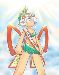 1other absurdres androgynous bamboo bikini brilliant_pagoda_or_haze_castle celeritas_lumen expressionless from_below highres len&#039;en looking_afar ofuda other_focus ribbon shide shlipon sky solo standing sun sunlight swimsuit talisman tan white_hair